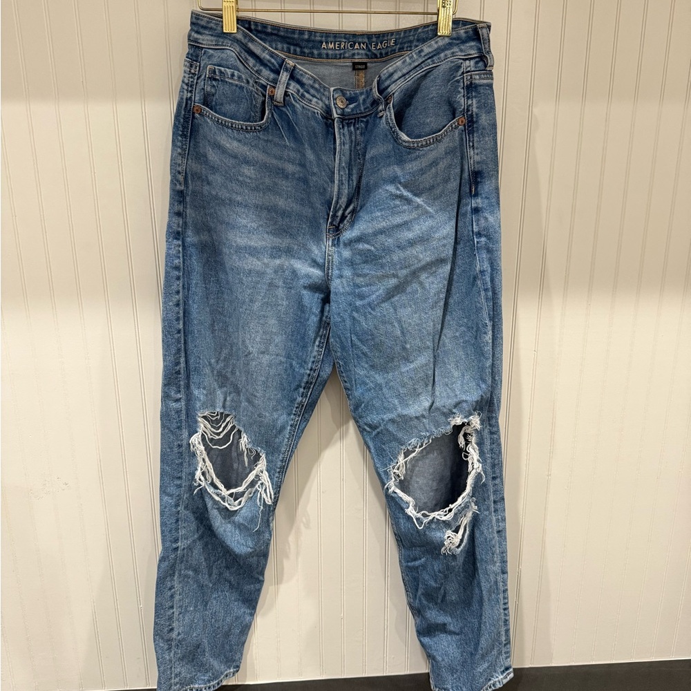 American Eagle Mom Jean Ripped Light Blue Denim Jeans
